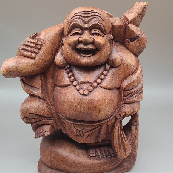 Wooden Laughing Buddha Statue - Picture 1 of 8